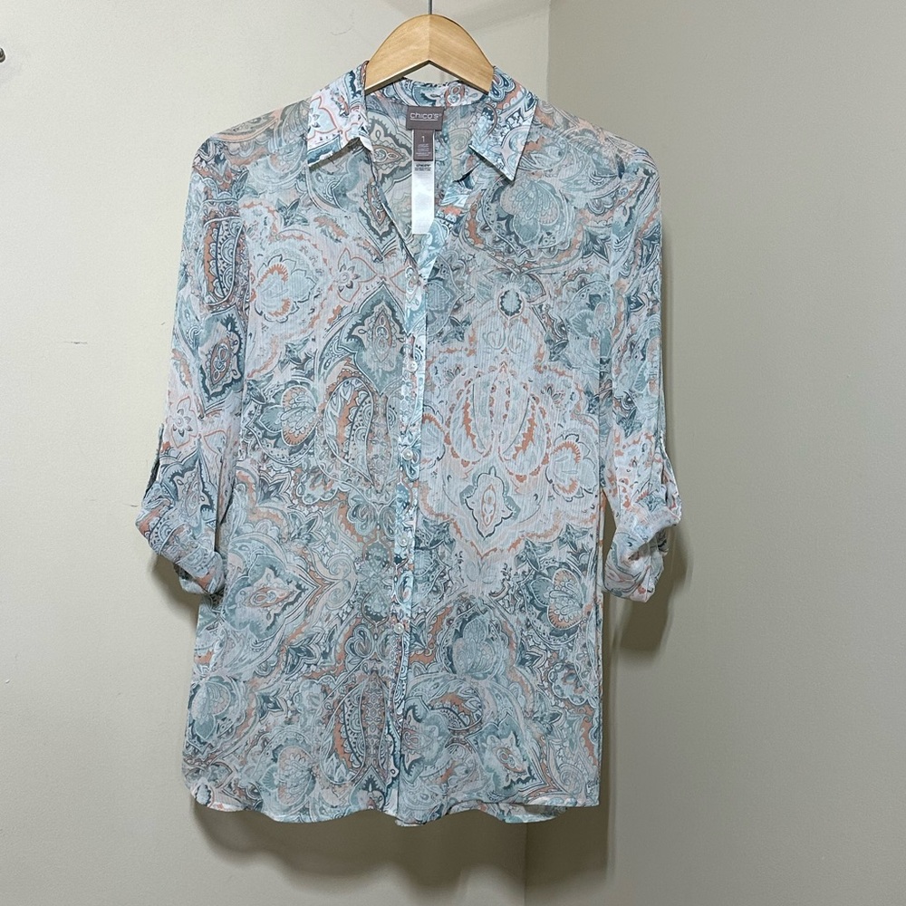 NWOT Chico Blurred Medallion Chiffon Shirt size 1